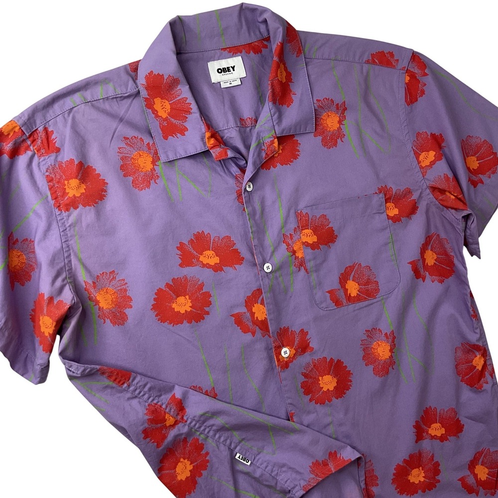 Obey Organic Mens Purple Floral Daisy Short Sleeve Button Down Shirt Sz Medium